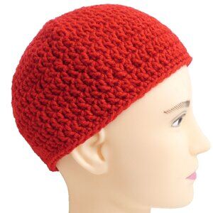 Red Beanie Size L Handmade Crochet Hand Knit Skull Cap Warm Hat Men Women NWT